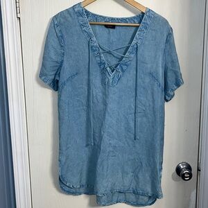 Style House v neck tie up top. Distressed denim look